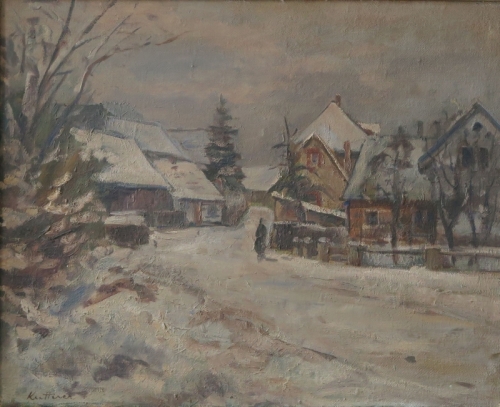 August Kutterer - Dorfeingang mit Frau im Winter