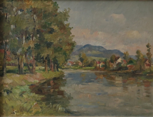 August Kutterer - Flußlandschaft mit Dorf und Bäumen