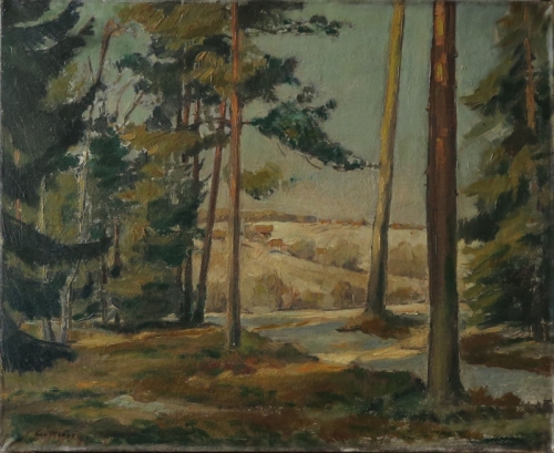 August Kutterer - Landschaft in der Wintersonne mit Bäumen und Häusern