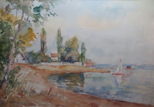 August Kutterer - Uferlandschaft mit Häuser und Segelboot