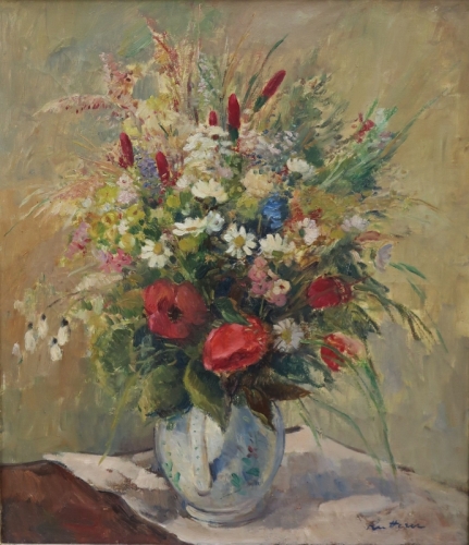 August Kutterer - Stilleben mit Vase gefüllt mit Feldblumen auf Tisch mit Tuch