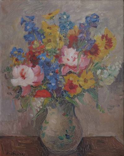 August Kutterer - Stilleben mit Vase gefüllt mit Blumen auf Tisch 