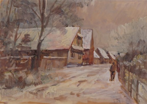 August Kutterer - Dorfstraße mit Häuser und Mann im Winter
