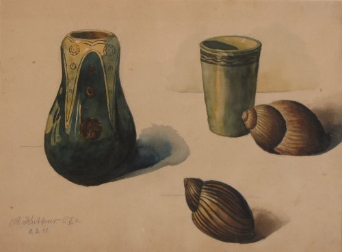 August Kutterer - Stillleben mit Vase, Becher und 2 Schnecken