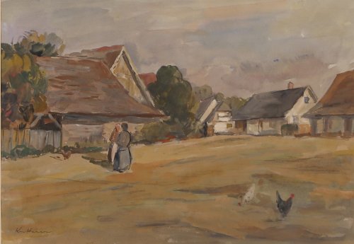 August Kutterer - Dorfplatz mit Häuser,2 Personen und 2 Hühner