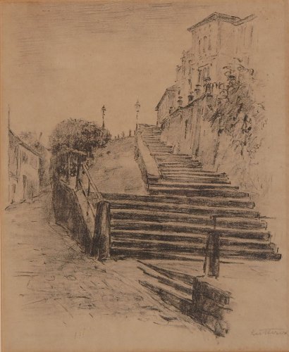 August Kutterer - Straße mit einer Treppe zu Häuserzeile auf Anhöhe, Baden-Baden 