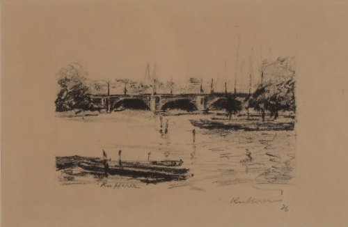 August Kutterer - Flusslauf mit Booten und Steinbrücke in Hamburg