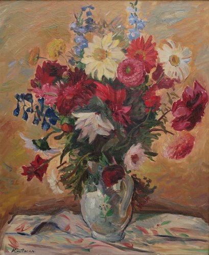 August Kutterer - Stillleben mit Vase gefüllt mit Blumen auf Tisch mit Tuch