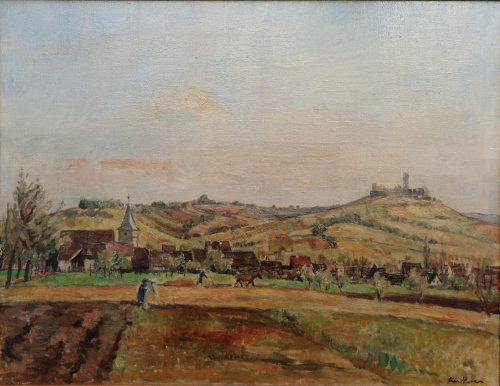 August Kutterer - Dorf in Hügellandschaft mit Burg,arbeitende Menschen auf dem Feld mit Pferd
