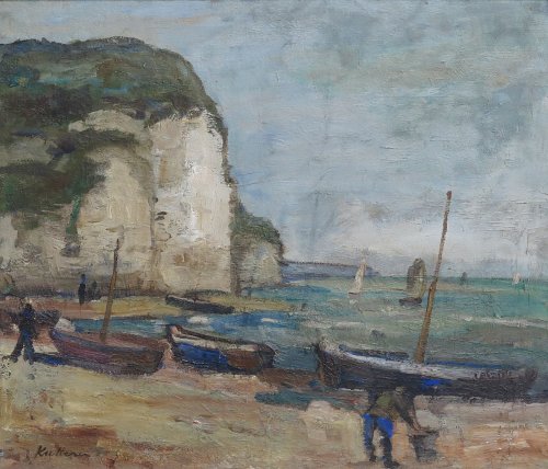 August Kutterer - Strand von Etretat in der Normandie mit Personen und Booten