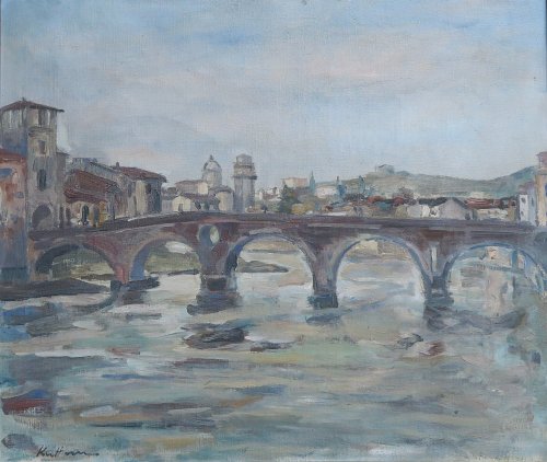 August Kutterer - Fluß mit Brücke in Verona 