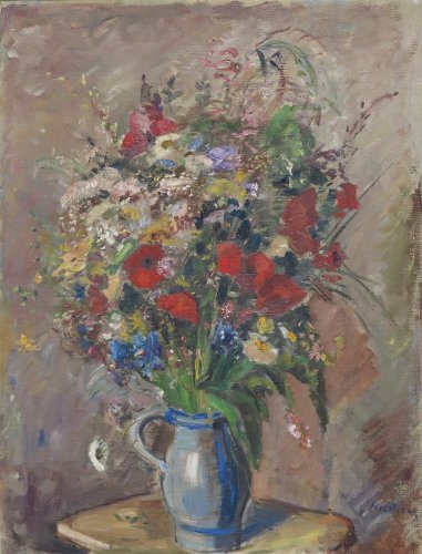 August Kutterer - Feldblumenstrauß in Vase auf einem Hocker