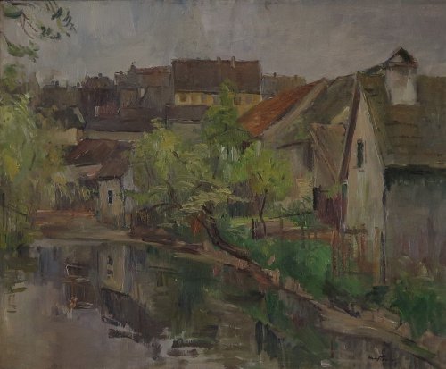 August Kutterer -  Flusslauf mit Dorf 