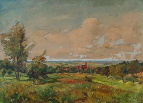 August Kutterer - Landschaft mit Dorf und Kirche