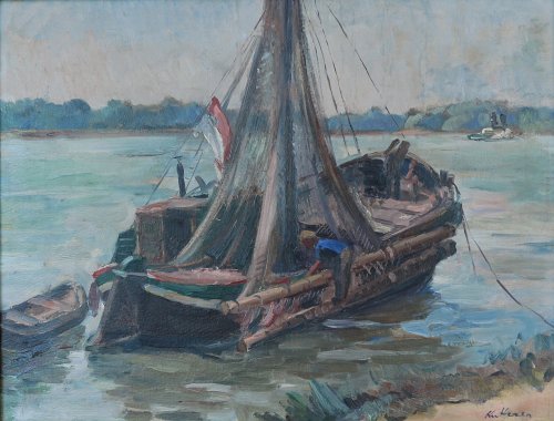 August Kutterer - Salmfischer im Boot auf dem Rhein