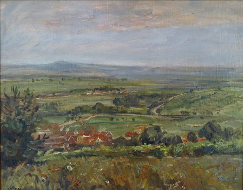August Kutterer - Weite Landschaft mit Dorf im Vordergrund
