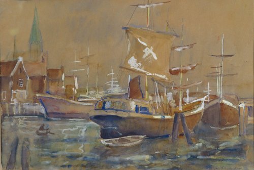 August Kutterer - Boote in einem Hafen ( Lübeck? )