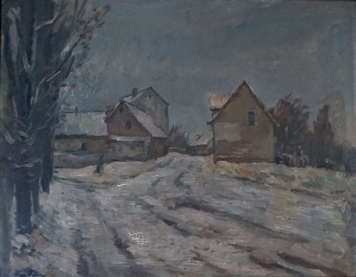 August Kutterer - Dorfeingang Daxlanden im Winter, Vorderstraße
