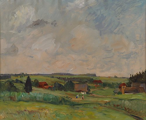 August Kutterer - Landschaft mit einigen Häusern und 2 Personen