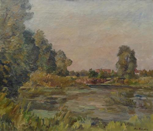 August Kutterer - Landschaft mit Wasser und Häuser im Hintergrund, wahrscheinlich Saumsee