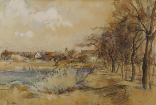 August Kutterer - Blick auf ein Dorf über ein kleinen See ( Daxlanden )