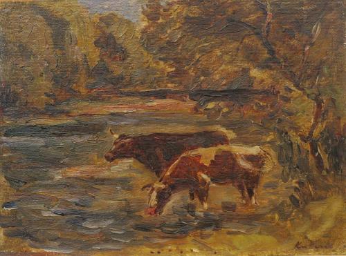 August Kutterer - 2 Kühe stehend im Altwasser