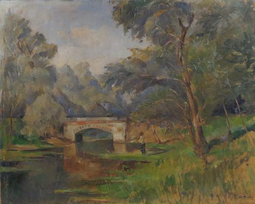 August Kutterer - Altrhein mit Brücke und Fischer