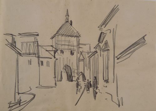 August Kutterer - Straße mit Turm und Menschen