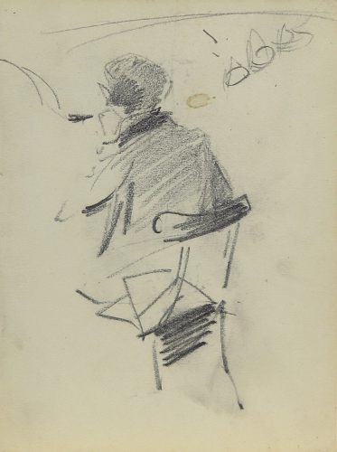 August Kutterer - Rückseite eines Mannes auf Gartenstuhl sitzend