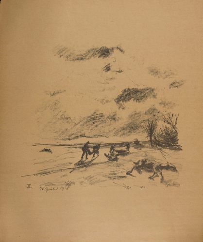 August Kutterer - Künstler Prof Hermann Goebel (1885-1945): Soldaten tragen Verwundete, totes Pferd, 1915