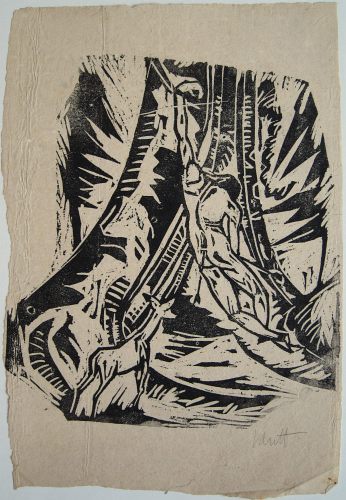 August Kutterer - Künstler Prof Karl Kluth (1898-1972): Mann an einem Baum hängend im Vordergrund ein Reh