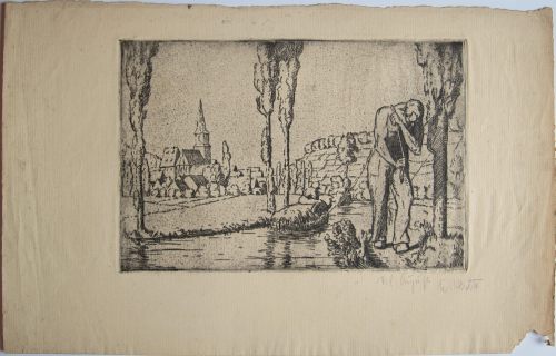 August Kutterer - Künstler Prof Karl Kluth (1898-1972): Treidler am Fluß daneben Dorf und Landschaft