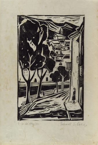 August Kutterer - Künstler Öhler: Landschaft mit Dorf im Hintergrund, Bakar?