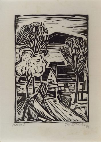 August Kutterer - Künstler Fritz Oehler (1921-2001): Dorfansicht mit Bäumen