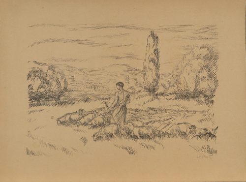 August Kutterer - Künstler Plate: Schafherde mit Schäfer