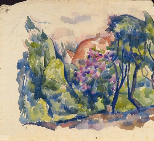 August Kutterer - Künstler Schubert: Bäume mit Häuser