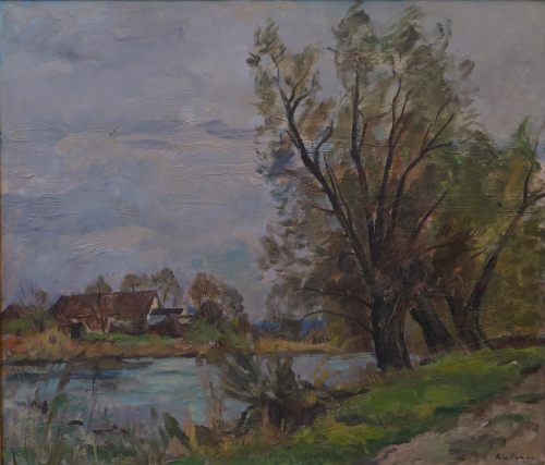 August Kutterer - Flußlandschaft mit Bäumen und Haus, Altrhein bei Daxlanden oder Fritschlach