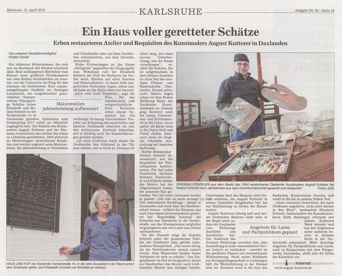 Artikel vom 13.04.2016 in der BNN Ein Haus voller geretteter Schätze - Erben restaurieren Atelier und Requisiten des Kunstmalers August Kutterer in Daxlanden
