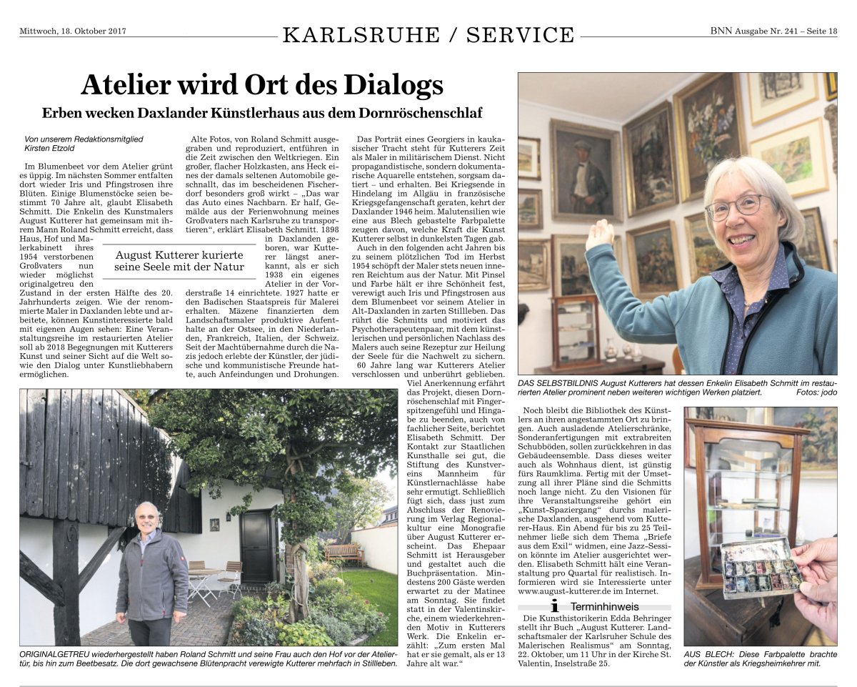 Artikel BNN 18.10.17 Atelier wird Ort des Dialogs - Erben wecken Daxlander Künstlerhaus aus dem Dornröschenschlaf
